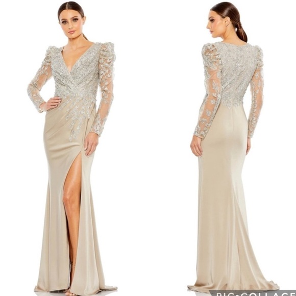 Mac Duggal 20346 Embellished Faux Wrap Illusion Puff Sleeve Gown Taupe 14 - Picture 1 of 13
